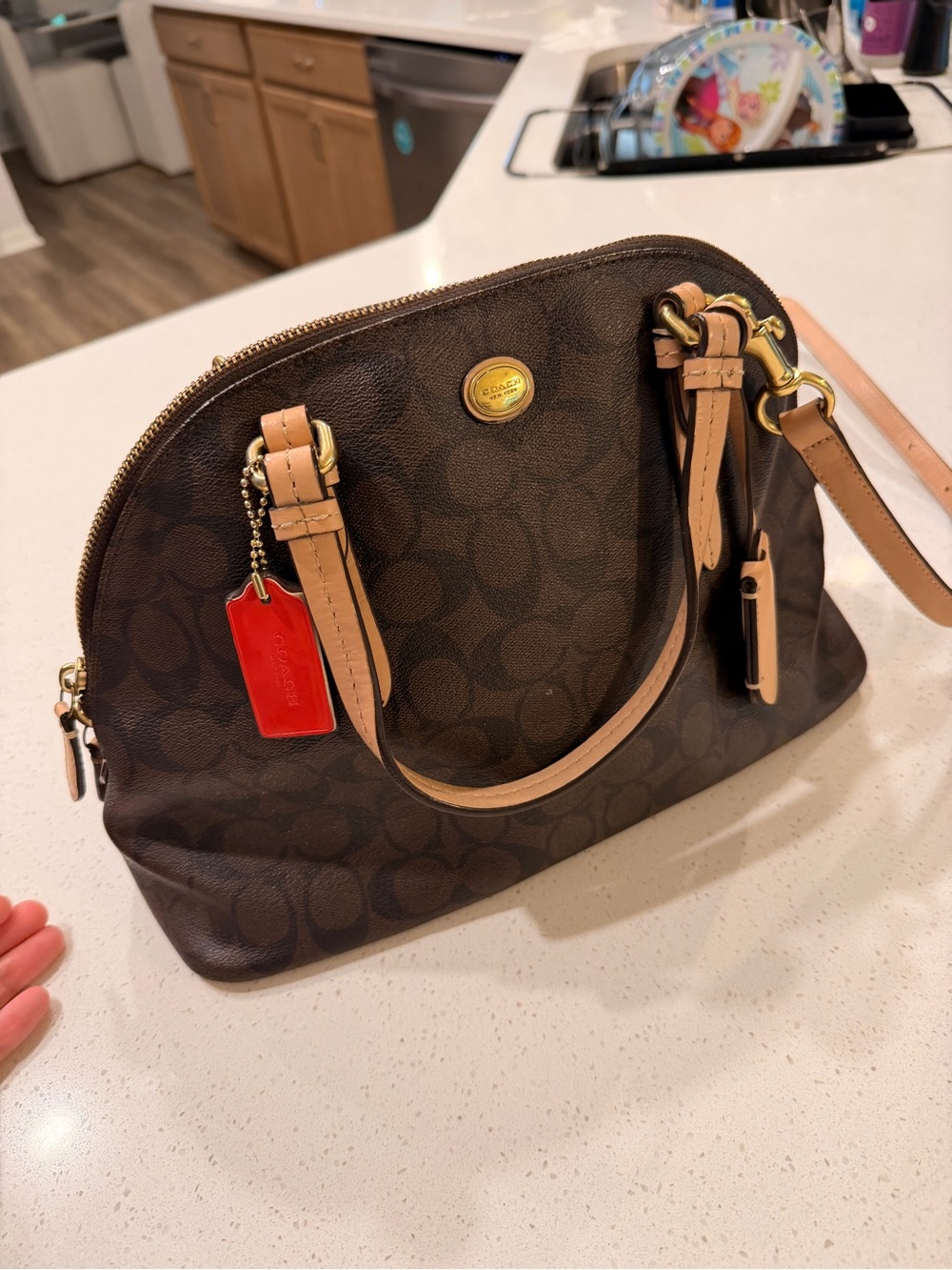 Coach Brown Signature Dome Satchel with Tan Trim and Red Tag